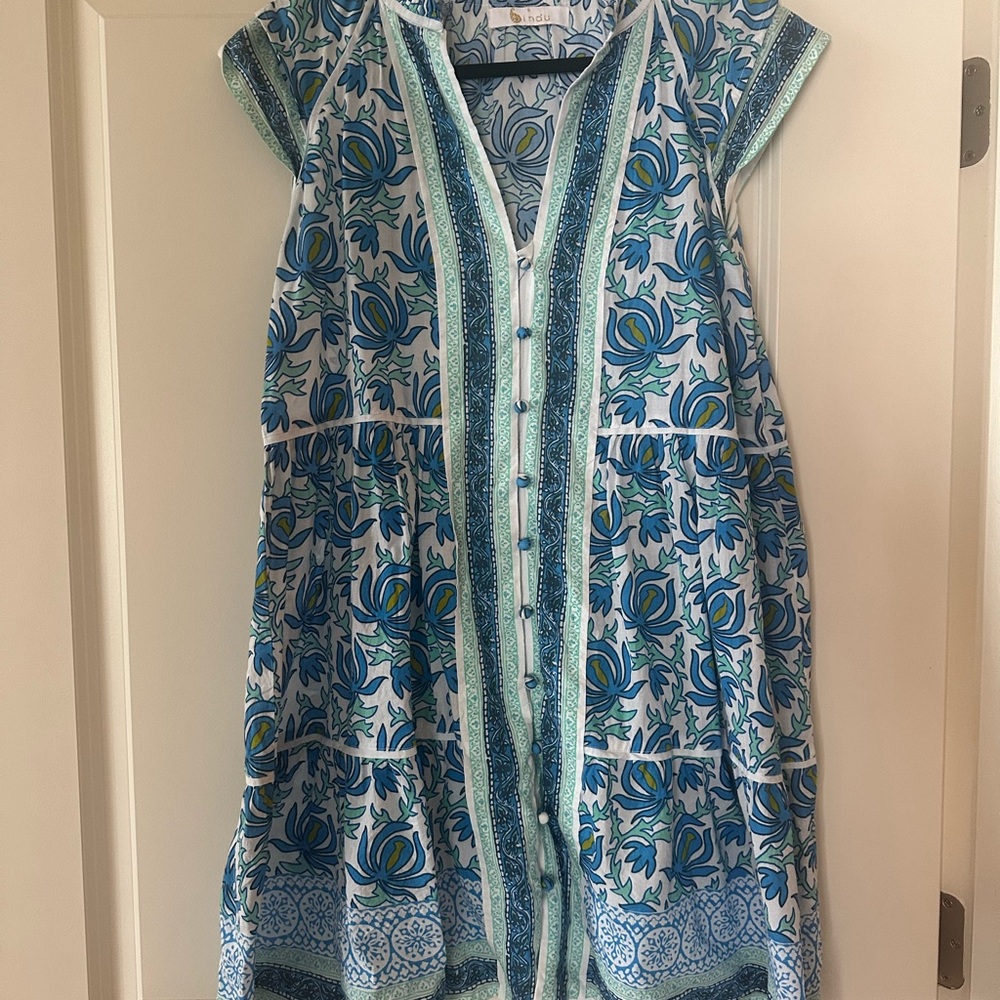 Blue Green Buttoned Flutter Sleeve Sundress